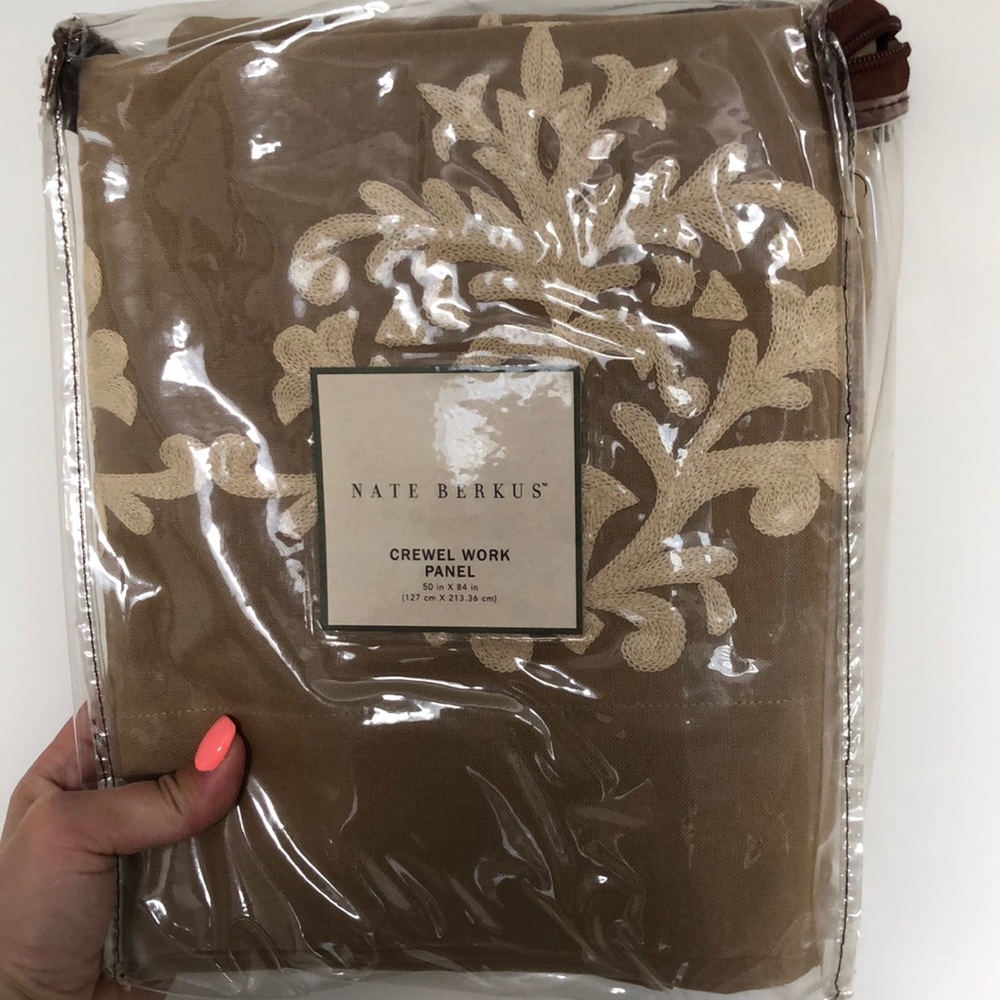 Nate Berkus set of 2 Drapery Panels - wheat/khaki with crewel work embroidery